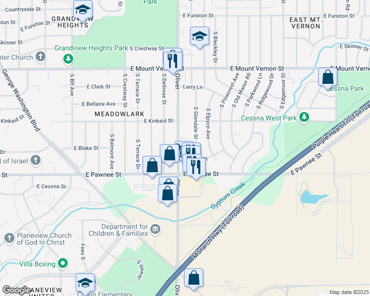 map of restaurants, bars, coffee shops, grocery stores, and more near 2290 Oliver in Wichita