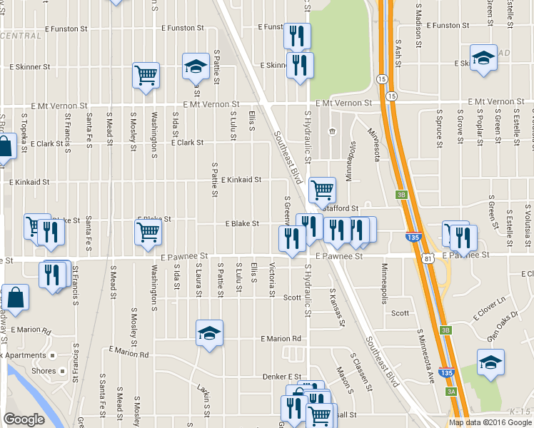 map of restaurants, bars, coffee shops, grocery stores, and more near 1500-1548 East Blake Street in Wichita