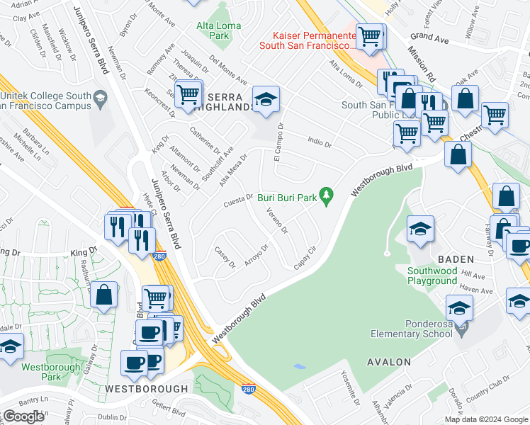 map of restaurants, bars, coffee shops, grocery stores, and more near in South San Francisco