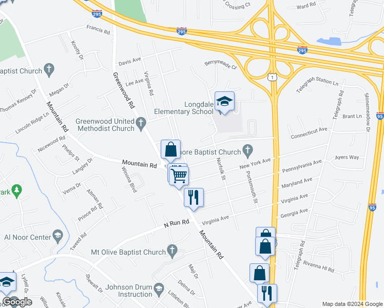 map of restaurants, bars, coffee shops, grocery stores, and more near 1421 Connecticut Avenue in Glen Allen
