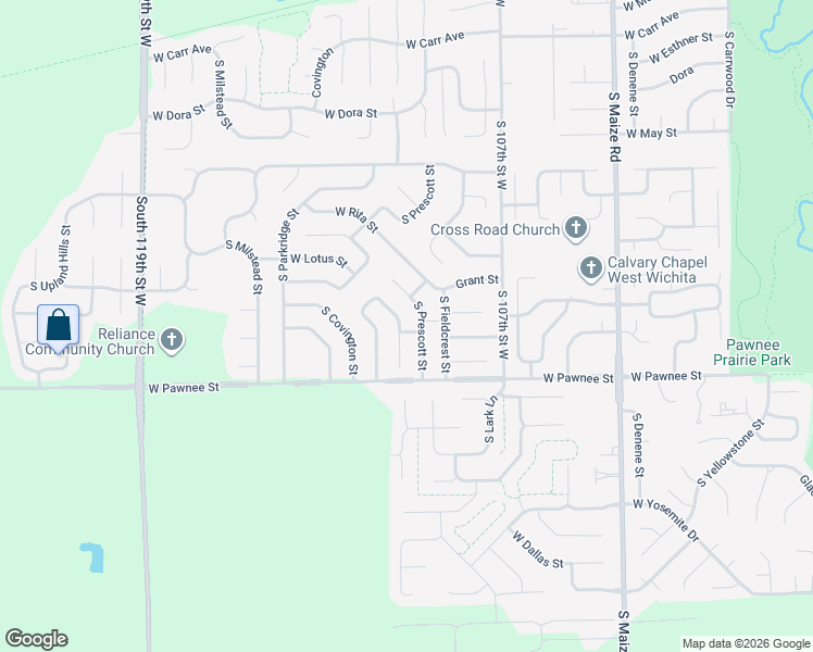 map of restaurants, bars, coffee shops, grocery stores, and more near 2313 South Prescott Street in Wichita