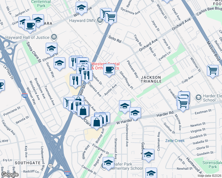 map of restaurants, bars, coffee shops, grocery stores, and more near Austin Avenue in Hayward