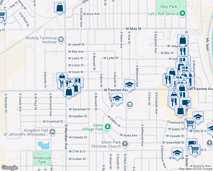map of restaurants, bars, coffee shops, grocery stores, and more near 2338 South Bonn Street in Wichita