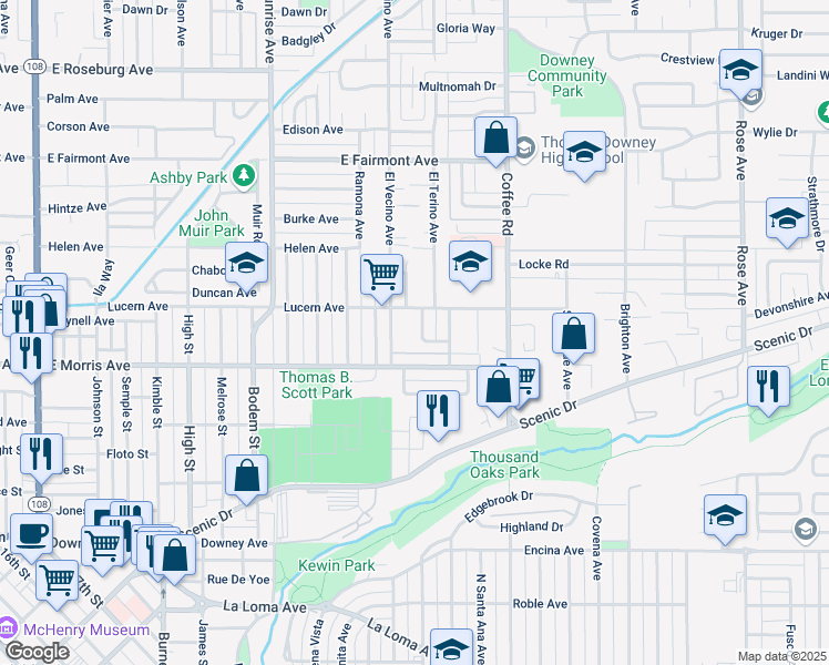 map of restaurants, bars, coffee shops, grocery stores, and more near 529 Esgar Avenue in Modesto