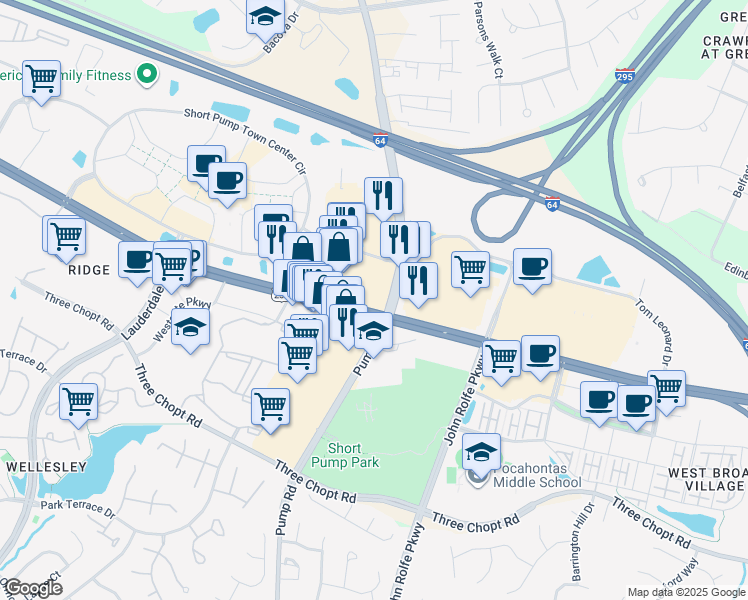 map of restaurants, bars, coffee shops, grocery stores, and more near 11501 W Broad St in Richmond