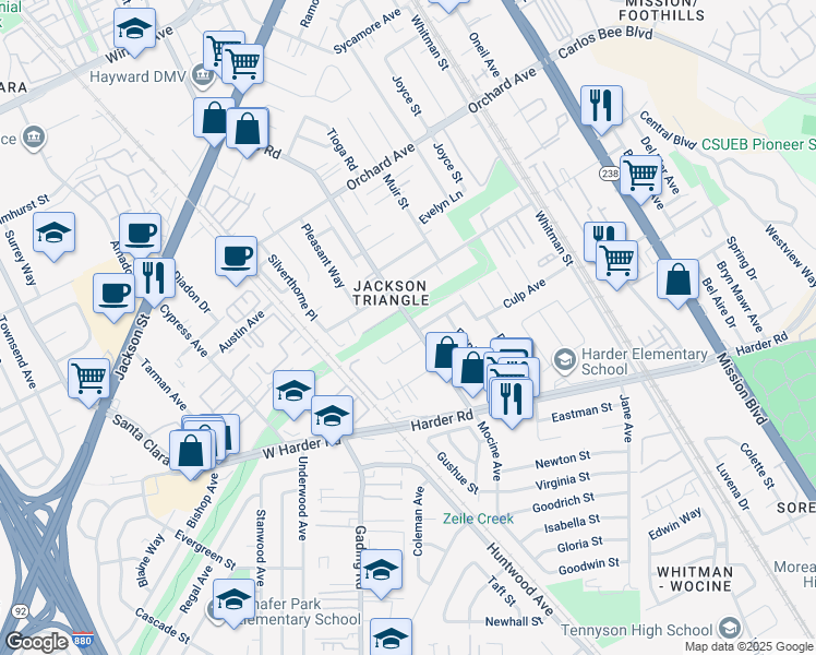 map of restaurants, bars, coffee shops, grocery stores, and more near 25431 Soto Road in Hayward