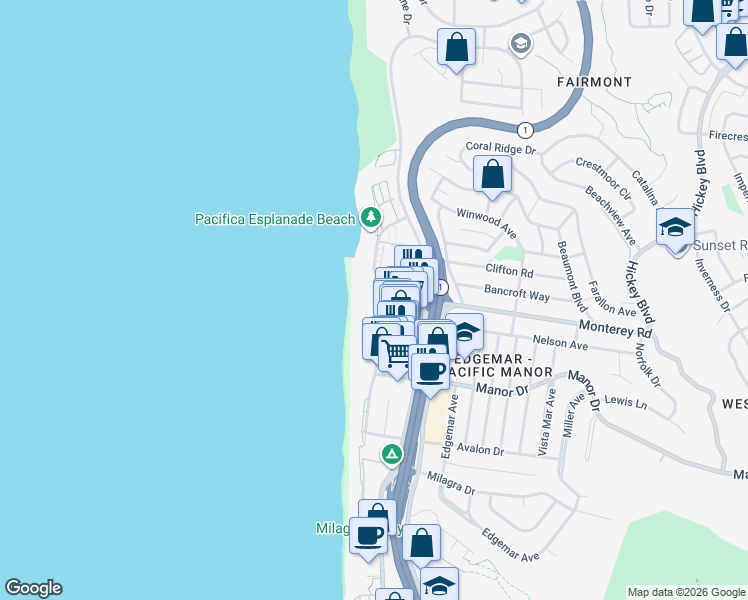 map of restaurants, bars, coffee shops, grocery stores, and more near 360 Esplanade Avenue in Pacifica