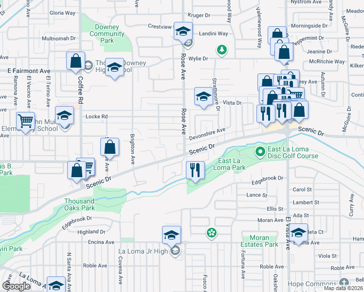 map of restaurants, bars, coffee shops, grocery stores, and more near 1808 Scenic Drive in Modesto