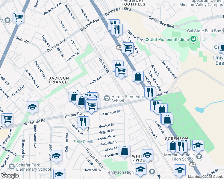 map of restaurants, bars, coffee shops, grocery stores, and more near 458 Wyeth Road in Hayward