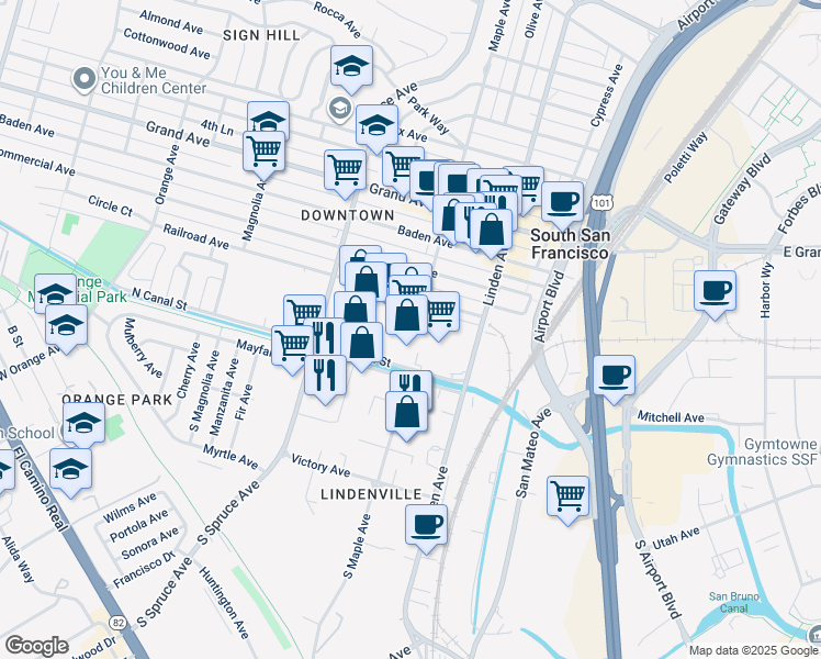 map of restaurants, bars, coffee shops, grocery stores, and more near 408 North Canal Street in South San Francisco