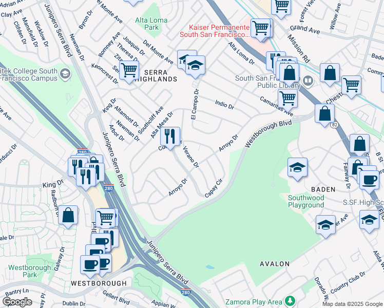 map of restaurants, bars, coffee shops, grocery stores, and more near 105 Verano Drive in South San Francisco