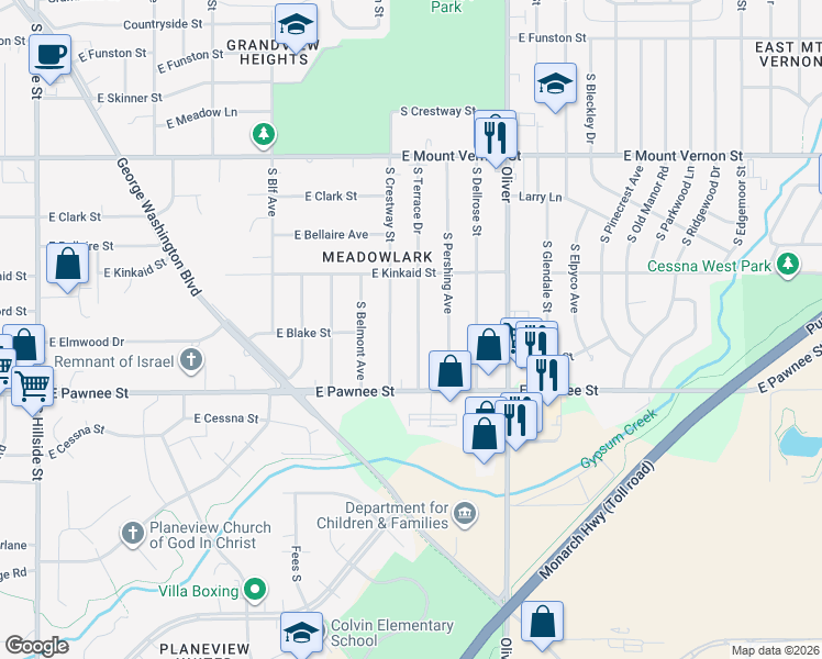 map of restaurants, bars, coffee shops, grocery stores, and more near 2311-2323 S Terrace Dr in Wichita