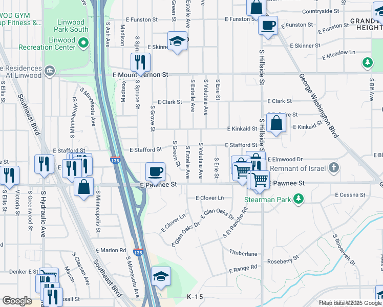 map of restaurants, bars, coffee shops, grocery stores, and more near 2332-2338 South Estelle Street in Wichita