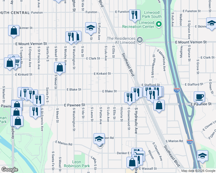 map of restaurants, bars, coffee shops, grocery stores, and more near 1400-1498 E Blake St in Wichita