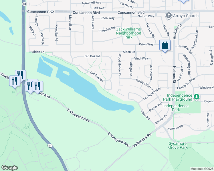 map of restaurants, bars, coffee shops, grocery stores, and more near 2539 Lakeside Circle in Livermore