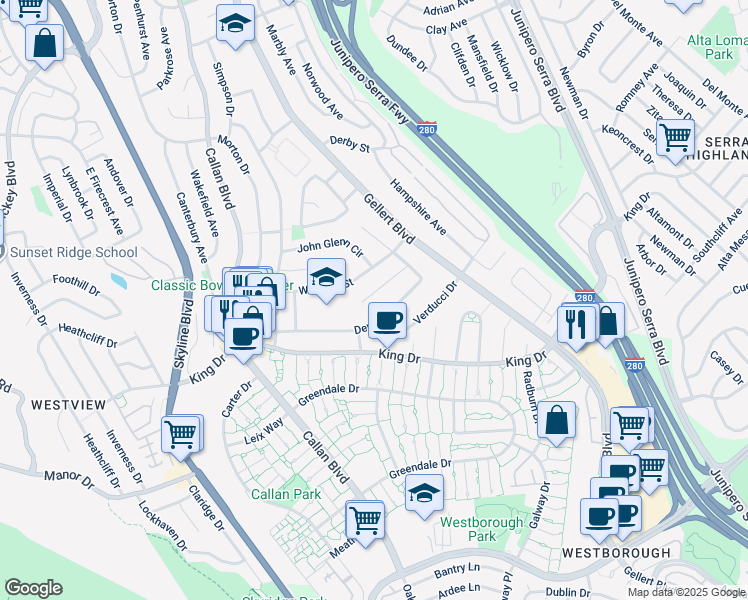 map of restaurants, bars, coffee shops, grocery stores, and more near 75 Wessix Court in Daly City