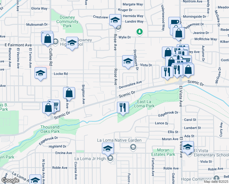 map of restaurants, bars, coffee shops, grocery stores, and more near 501 Rose Avenue in Modesto