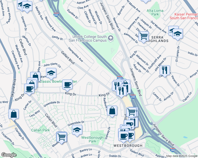 map of restaurants, bars, coffee shops, grocery stores, and more near 967 Gellert Boulevard in Daly City