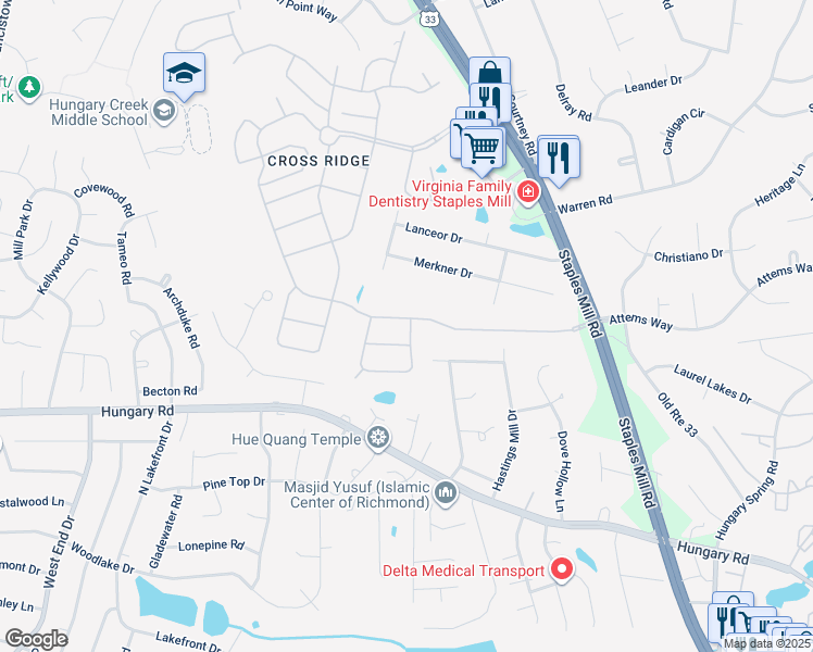 map of restaurants, bars, coffee shops, grocery stores, and more near 4024 Coles Point Way in Glen Allen