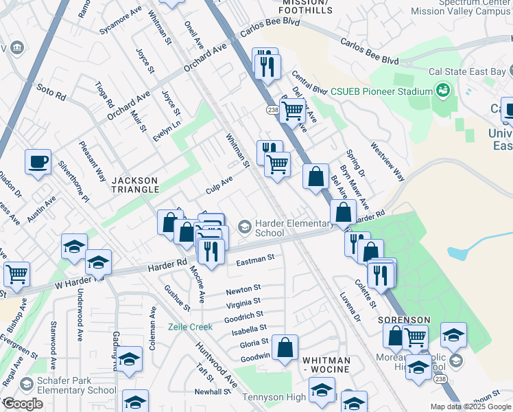map of restaurants, bars, coffee shops, grocery stores, and more near 458 Wyeth Road in Hayward