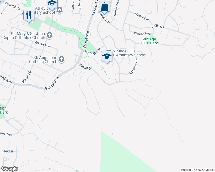 map of restaurants, bars, coffee shops, grocery stores, and more near 4105 Grant Court in Pleasanton