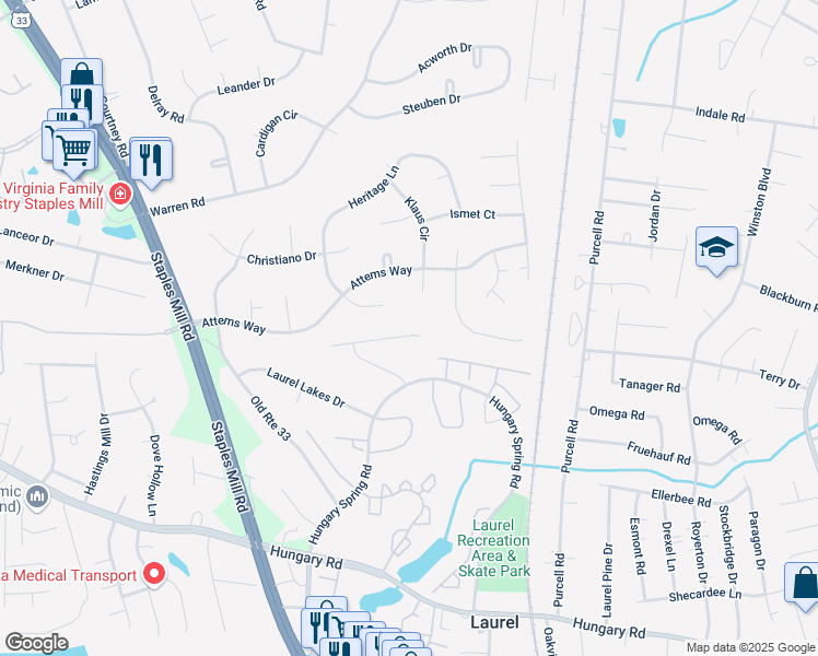 map of restaurants, bars, coffee shops, grocery stores, and more near 10006 Bush Lane in Glen Allen