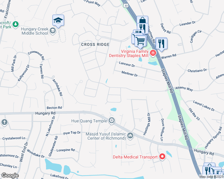 map of restaurants, bars, coffee shops, grocery stores, and more near 4004 Coles Point Way in Glen Allen