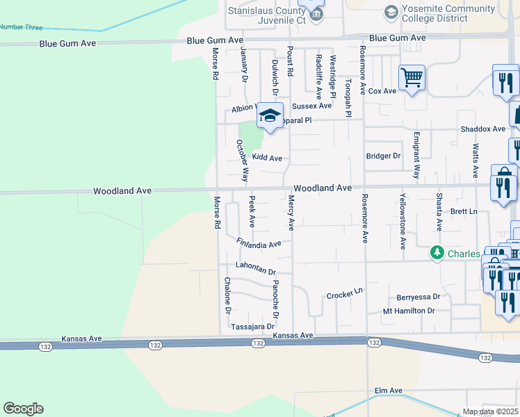 map of restaurants, bars, coffee shops, grocery stores, and more near 2712 Peek Court in Modesto