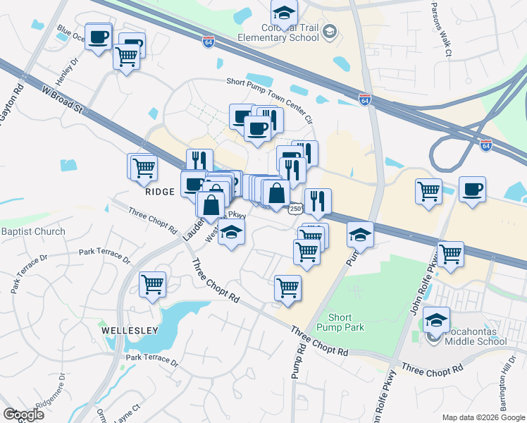 map of restaurants, bars, coffee shops, grocery stores, and more near 3510 Kilburn Circle in Henrico