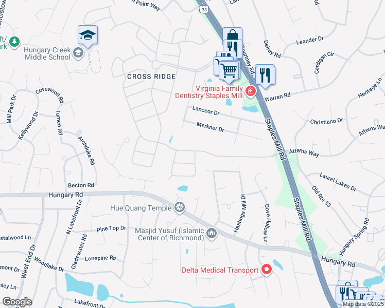 map of restaurants, bars, coffee shops, grocery stores, and more near 4024 Coles Point Way in Glen Allen