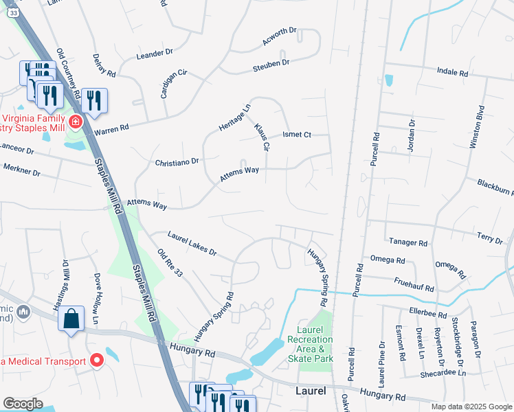 map of restaurants, bars, coffee shops, grocery stores, and more near 10006 Bush Lane in Glen Allen