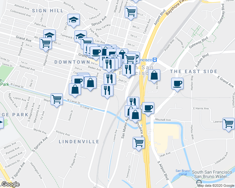 map of restaurants, bars, coffee shops, grocery stores, and more near 7 S Linden Ave in South San Francisco