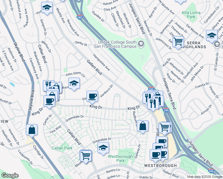 map of restaurants, bars, coffee shops, grocery stores, and more near 66 Camelot Court in Daly City