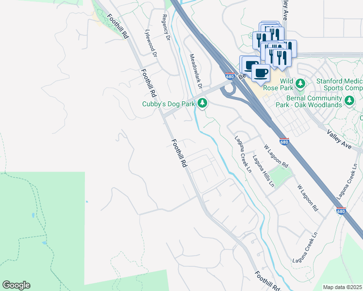 map of restaurants, bars, coffee shops, grocery stores, and more near 11 Foothill Lane in Pleasanton