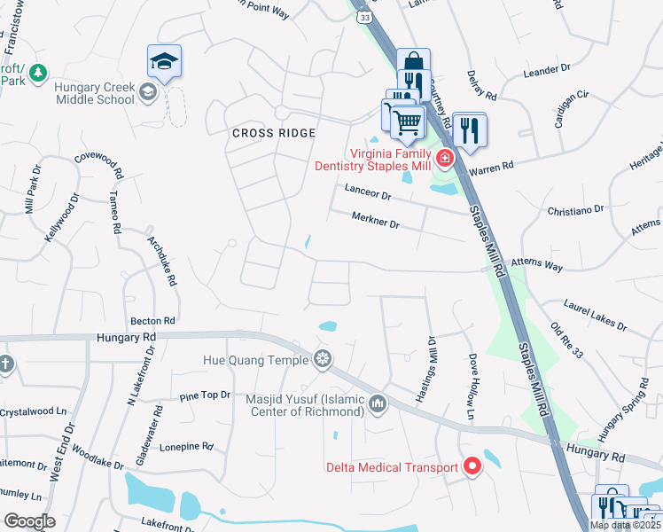 map of restaurants, bars, coffee shops, grocery stores, and more near 4012 Coles Point Way in Glen Allen
