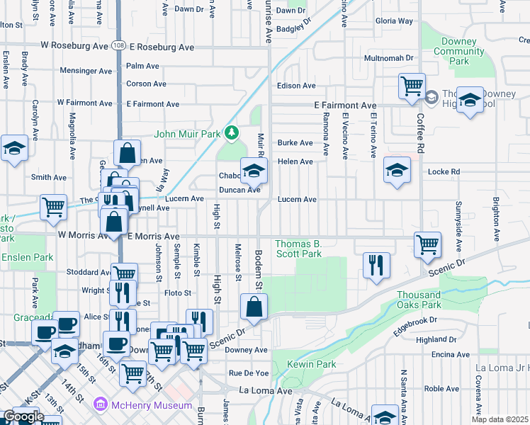 map of restaurants, bars, coffee shops, grocery stores, and more near 534 Sunrise Avenue in Modesto