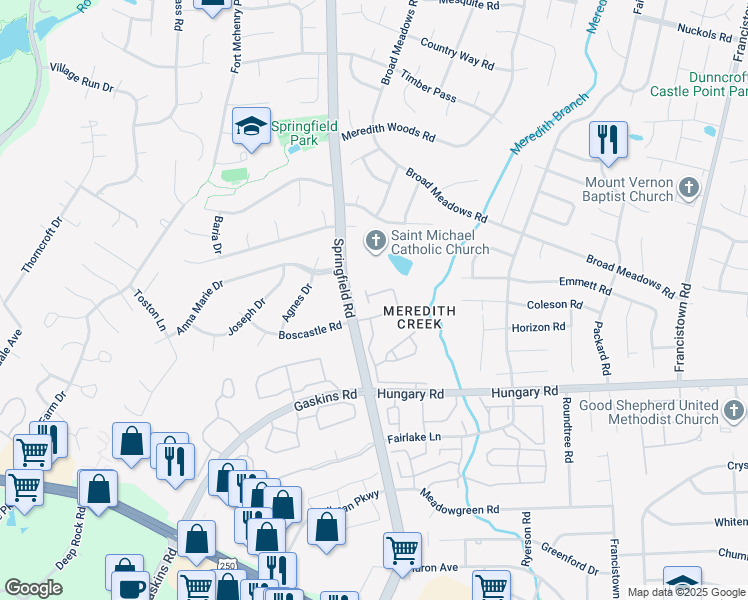 map of restaurants, bars, coffee shops, grocery stores, and more near 9401 Meredith Creek Lane in Glen Allen