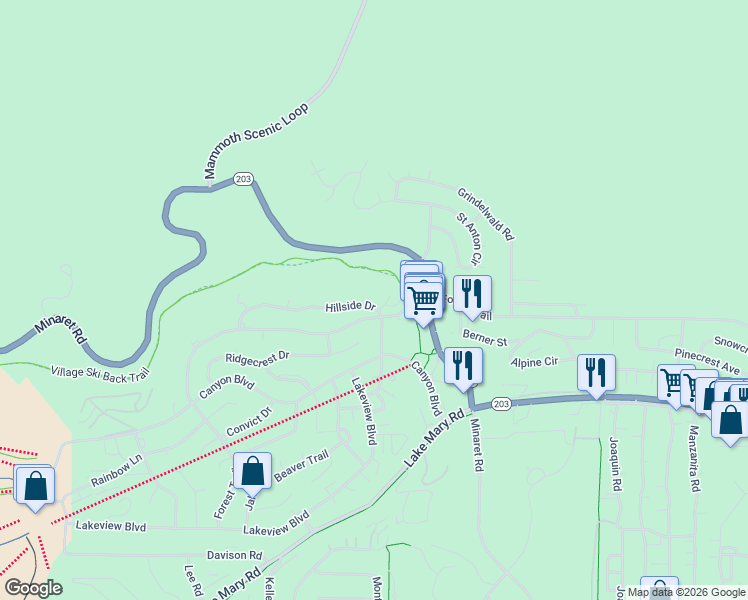 map of restaurants, bars, coffee shops, grocery stores, and more near 205 Hillside Drive in Mammoth Lakes