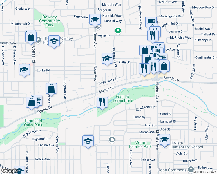 map of restaurants, bars, coffee shops, grocery stores, and more near 1852 Scenic Drive in Modesto