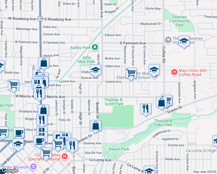 map of restaurants, bars, coffee shops, grocery stores, and more near 514 Auburn Street in Modesto