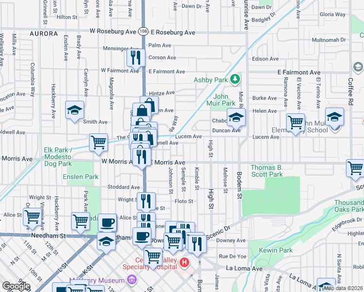map of restaurants, bars, coffee shops, grocery stores, and more near 514 Semple Street in Modesto