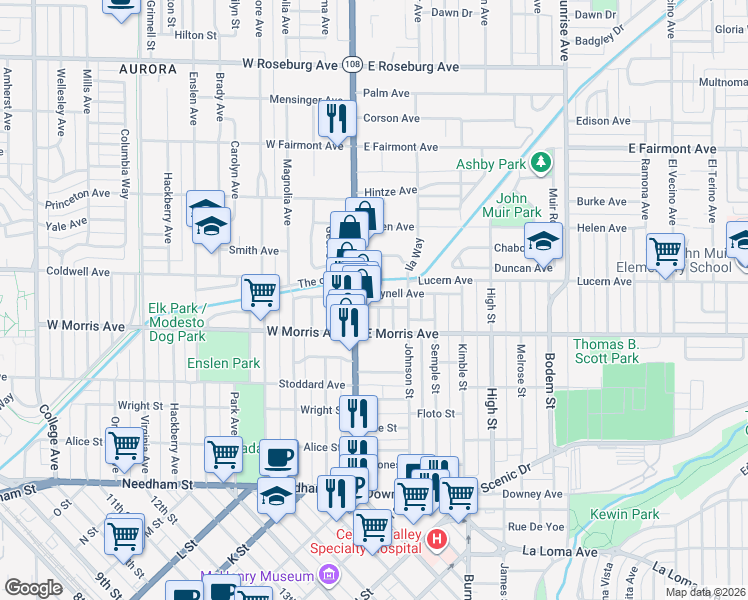 map of restaurants, bars, coffee shops, grocery stores, and more near 115 East Morris Avenue in Modesto