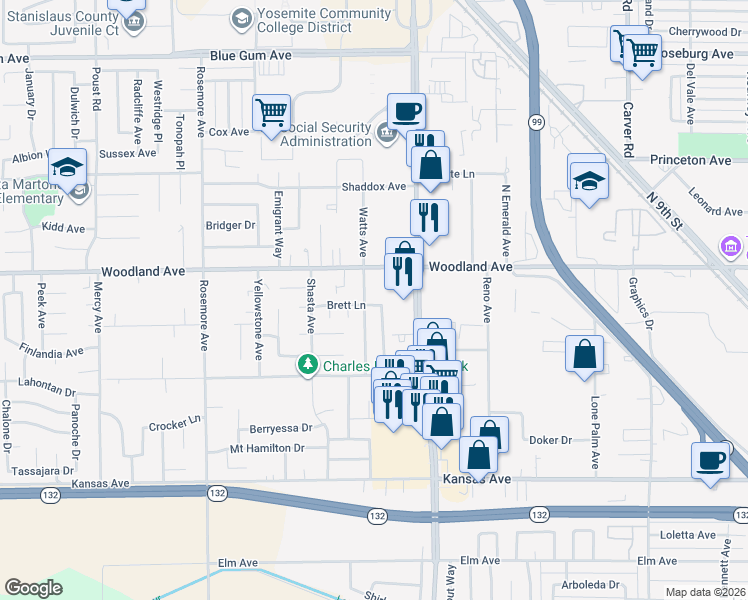 map of restaurants, bars, coffee shops, grocery stores, and more near 1209 Diablo Avenue in Modesto