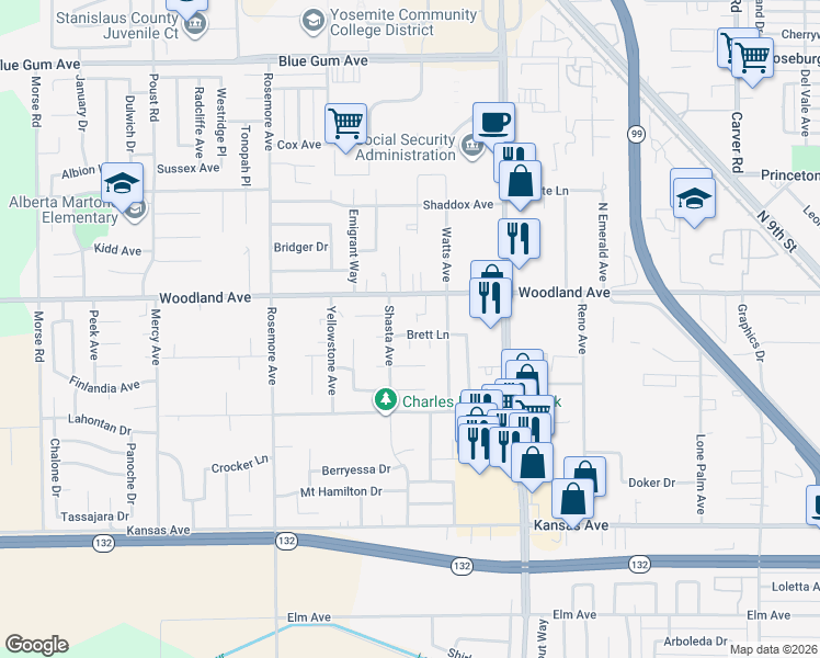 map of restaurants, bars, coffee shops, grocery stores, and more near 1740 Brett Lane in Modesto