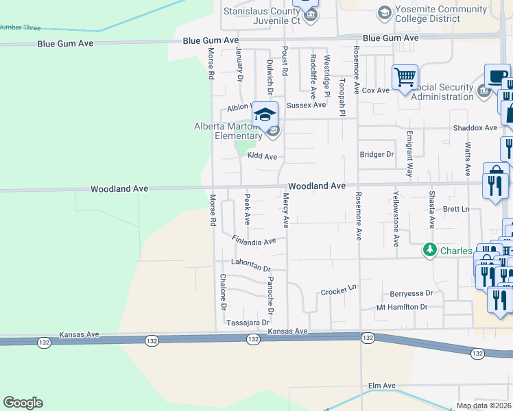 map of restaurants, bars, coffee shops, grocery stores, and more near 2716 Wickman Court in Modesto