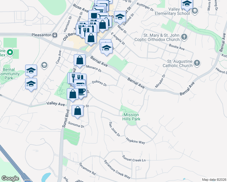 map of restaurants, bars, coffee shops, grocery stores, and more near 569 Dolores Place in Pleasanton