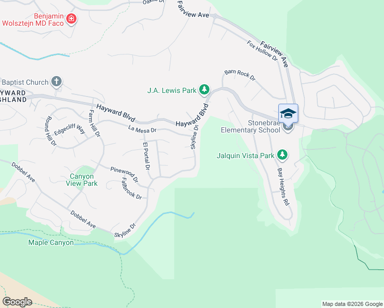 map of restaurants, bars, coffee shops, grocery stores, and more near 3617 Skyline Drive in Hayward