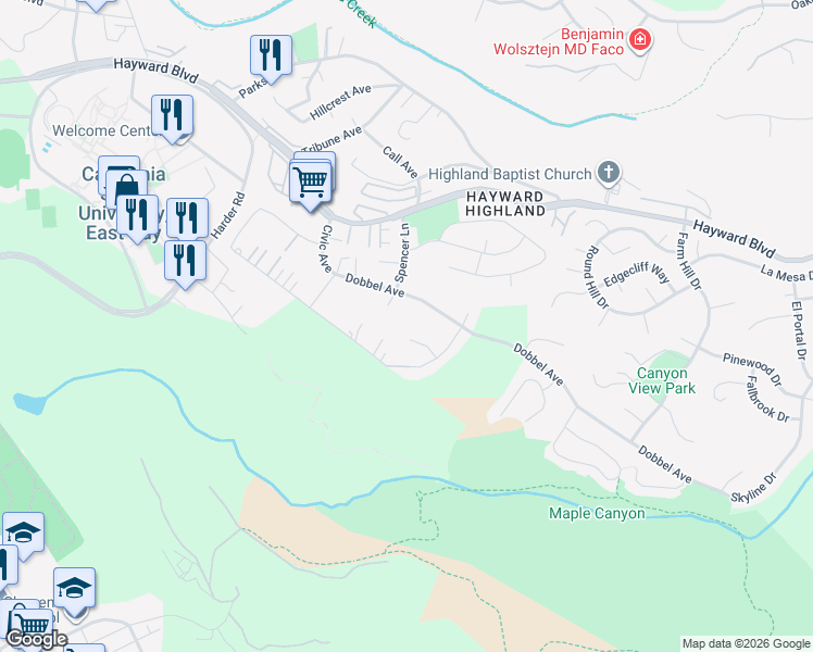 map of restaurants, bars, coffee shops, grocery stores, and more near 27719 Klaus Court in Hayward