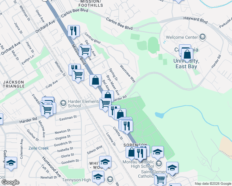 map of restaurants, bars, coffee shops, grocery stores, and more near 944 Harder Road in Hayward