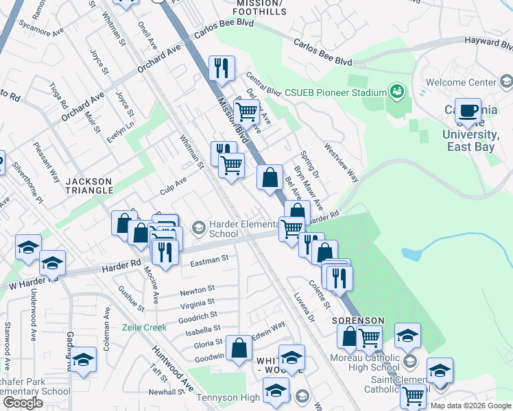 map of restaurants, bars, coffee shops, grocery stores, and more near 211 Fanuncio Lane in Hayward